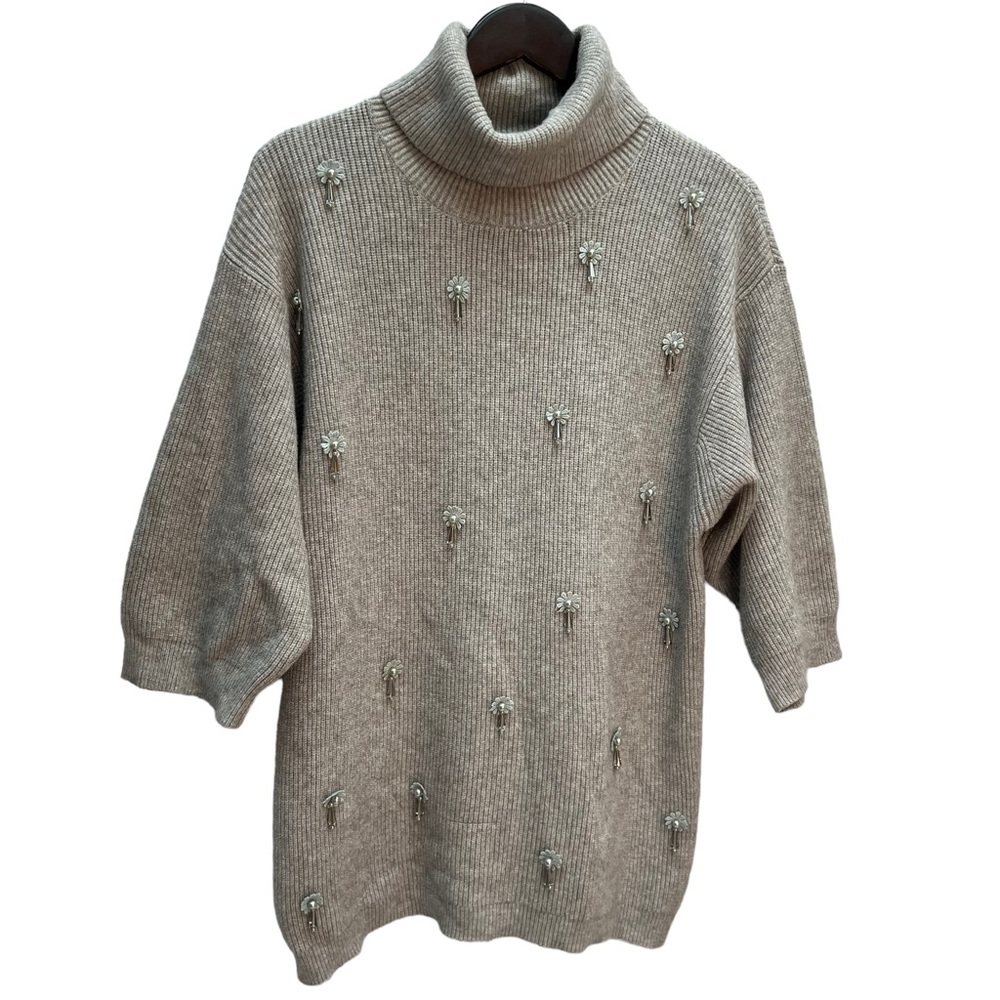 Picadilly Beige 3/4 Sleeve Cowl Neck Sweater Jewel Detailing Size S - Picture 1 of 11